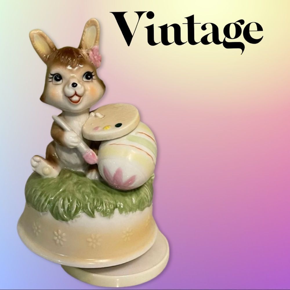 Vintage Music Box Porcelain Easter Bunny Painting Morning